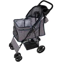 MonsterShop Haustierwagen mit Regenabdeckung und Fronttasche – blaues Tartanmuster