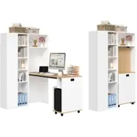 Merax Klappbarer Schreibtisch mit Regal, 2-in-1 Bücherregal & Computertisch mit Steckdose & USB-Anschluss, Weiß, linke Ecke