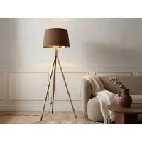 Meine Wunschleuchte Stehlampe skandinavisch 157cm mit Holz Dreibein & Samt Lampenschirm Braun Gold