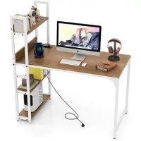 Costway Schreibtisch mit Ladestation, Computertisch mit Bücherregal & Metallrahmen, Bürotisch Holz mit USB & Steckdosen, PC Tisch Arbeitstisch, Natur