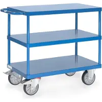 Fetra Tischwagen, schwer, 3 Etagen, 850 x 500 mm, bis 500/600 kg, Stahl/Holz, blau/buche