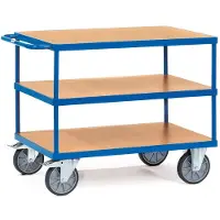 Fetra Tischwagen, schwer, 3 Etagen, 1000 x 700 mm, bis 500/600 kg, Stahl/Holz, blau/buche