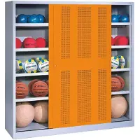 C+P Ballschrank mit Lochblech-Schiebetüren (Typ 4), HxBxT: 195x120x40 cm, Verkehrsgelb (RAL 1023), Lichtgrau (RAL 7035), Gleichschließung