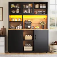 MODFU Küchenschrank Hochschrank mit LED und App-Steuerung 185cm hoher Highboard mit Schiebetüren und Regalen Vitrine Schwarz