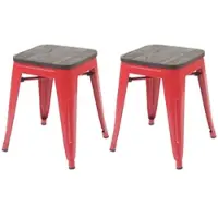 Proregal 2er-Set Hocker inkl. Holz-Sitzfläche | Metall, Industriedesign, stapelbar | Rot | Metallhocker Sitzhocker