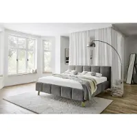 Meise Polsterbett Alva 180x200 cm | Bettgestell | Kopfteil mit Einzügen | Bouclé-Stoff Graphit | Holzfuß eiche