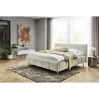 Meise Polsterbett Alva 180x200 cm | Bettgestell | Kopfteil mit Einzügen | Bouclé-Stoff Cream | Holzfuß eichefarbig
