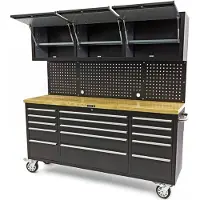 HBM Hochleistungs-Werkbank mit Rückwand und Arbeitsplatte aus Holz, schwarz, 182 cm