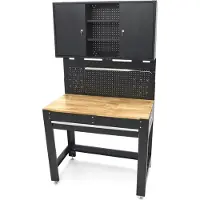 HBM 115 cm lange Werkbank mit Holzwerkblatt, hinterer Wand mit Schubladen, LED-Beleuchtung, Steckdosen