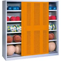 C+P Ballschrank mit Lochblech-Schiebetüren (Typ 4), HxBxT 195x120x50 cm, Goldgelb (RAL 1004), Lichtgrau (RAL 7035), Gleichschließung