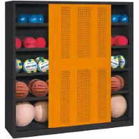 C+P Ballschrank mit Lochblech-Schiebetüren (Typ 4), HxBxT 195x160x50 cm, Lichtgrau (RAL 7035), Anthrazit (RAL 7021), Einzelschließung