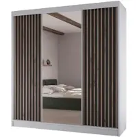Beautysofa Schiebetürenschrank LICO II - 200cm Kleiderschrank mit Spiegel & Schubladen & Lamellen (Weiß + Schwarz)