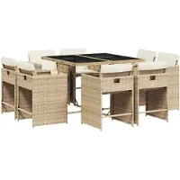 vidaXL 9-tlg. Garten-Essgruppe mit Kissen Beige Poly Rattan