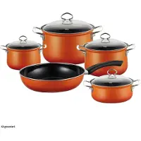 Riess Geschirr Kochtopf Set 5-teilig mit Glasdeckel Emaille Nouvelle Corall
