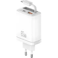 Usams , 65-W-GaN-Ladegerät mit 2 USB-PD- und PPS-Anschlüssen sowie einem einziehbaren USB-C-Schnellladekabel, Weiß