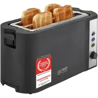 TZS First Austria Toaster Langschlitz, 4 Scheiben, 1200-1500W, 6 Bräunungsgrade, Auftau- und Aufwärmfunktion, Brotzentrierung, Krümelfach, Schwarz/Edelstahl