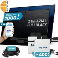 SUNNIVA 1000W Balkonkraftwerk BIFAZIAL FULLBLACK komplett Steckdose HOYMILES 2x 400 Watt Wechselrichter, Komplettset 2x500W PV Solaranlage Solarmodule