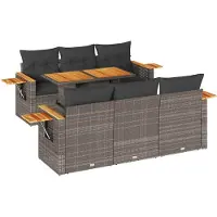 vidaXL 7-tlg. Garten-Sofagarnitur mit Kissen Grau Poly Rattan Akazie