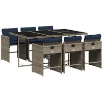 vidaXL 7-teiliges Garten-Ess-Set mit Kissen, grau, Polyrattan