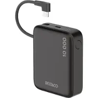 Deltaco Power bank 10 000 mAh, built-in fabric cable, PD 20 W, black