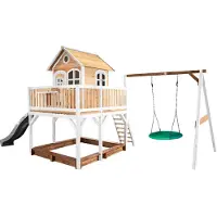 Axi Spielhaus Liam mit Sandkasten, Nestschaukel & grauer Rutsche | Stelzenhaus XXL in Braun & Weiß aus Holz für Kinder | Spielturm mit Wellenrutsche für den Garten
