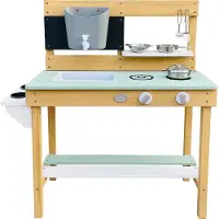 Axi Puck Spielküche / Kinderküche aus Holz in Braun & Grün | Outdoor Spielzeugküche / Sandküche mit 6 teiligem Zubehör Set | 80x33x88 cm