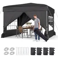 Costway Pavillon 3 x 3 m, chöhenverstellbar, winterfester Gartenpavillon mit 4 abnehmbaren Seitenwänden, Sandsäcke & Rolltasche, Schwarz