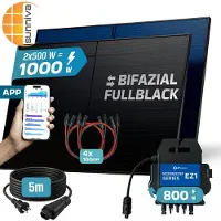 SUNNIVA 1000W Balkonkraftwerk BIFAZIAL FULLBLACK komplett Steckdose AP Systems EZ1-M 800 W Wechselrichter, Komplettset 2x500W Solaranlage Solarmodule