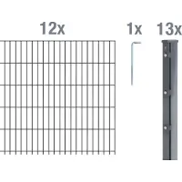 Alberts Doppelstabmattenzaun 6-5-6, Matten 2,50 m, Höhe 1,63 m, Länge 30 m, anthrazit, Zaun als Komplettset, Pfosten mit Abdeckleiste 60x40 mm