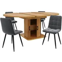 MODFU 5-teilig Esstisch-Set,Für 4-6 Personen,Modernes Esszimmerstuhl aus Grauer Leinen,Ausziehtisch,Küchentisch mit Schubladen,Dunkelbraun