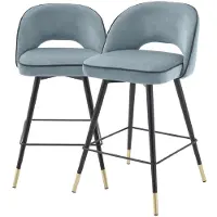 Casa Padrino Luxus Barstuhl Set Blau / Schwarz / Messingfarben 51 x 52 x H. 103 cm - Barstühle mit drehbarer Sitzfläche und edlem Samtsoff - Luxus Bar Möbel