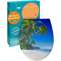 Calmwaters WC Sitz Motiv Palmenparadies einfache Montage, Toilettendeckel bis 250 kg, EU, antibakterieller Duroplast, Absenkautomatik, 2 Montage Optionen, abnehmbar, Klobrille, oval