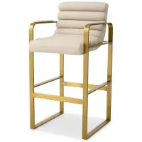 Casa Padrino Luxus Barstuhl mit Armlehnen Sandfarben / Messing 53,5 x 57,5 x H. 107 cm - Gepolsterter Edelstahl Barhocker - Bar Möbel - Luxus Möbel - Luxus Qualität