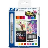 Staedtler Kreidemarker Lumocolor, Rundspitze, Strichbreite 2,4 mm, für glatte Oberflächen, Flüssigkeit auf Wasserbasis, 8er-Set farbsoriert