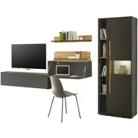 Furn.Design Wohnwand mit Sekretär "Center" in grau matt und Wotan Eiche Wohnkombination 5-teilig 340 x 200 cm