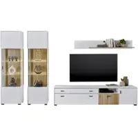 Furn.Design Wohnwand "Merced" Schrankwand weiß und Eiche 4-teilig 316 cm, mit Soft-Close und Staboptik