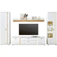 Furn.Design Wohnwand "Bellport" weiß und Eiche, Wohnkombination 330 cm mit LED und Soft-Close