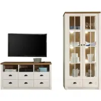 Furn.Design Wohnwand "Seyne" in weiß Pinie und Eiche hell Landhaus Wohnkombination 240 cm
