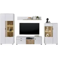 Furn.Design Wohnwand "Merced" Schrankwand weiß und Eiche 4-teilig 320 cm, mit Soft-Close und Staboptik