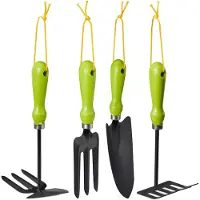 Relaxdays Gartenwerkzeug Set 4-teilig, Blumenkelle, Kleinrechen, Doppelhacke, Blumengabel, Gartengeräte Set, Eisen, grün