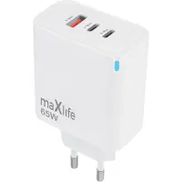 MaXlife , 65-W-GaN-Netzteil mit PD-Unterstützung, 2 USB-C-Anschlüssen (65 W) und 1 USB-A-Anschluss (36 W) – ultraschnell, Weiß