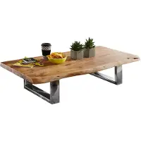Wohnling Couchtisch 115 x 25 x 58 cm Akazie Massiv Holz Metallgestell groß Baumstamm Wohnzimmertisch Massivholz Braun Baumkante Sofatisch Landhaus