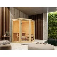 Karibu Fichte Natur Innensauna Massivsauna Yalda mit Ganzglastür, 4 6 kW Saunaofen, Steuerelement, Aufguss Set, Sauna Interieur