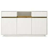 MODFU Sideboard Weiß Vitrine mit LED Kommode Beistellschrank mit 2 Schubladen und 3 Türen Aufbewahrungsschrank mit verstellbaren Einlegeböden, 140x40x85 cm
