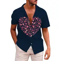 Markenlos Kurzarm-Hawaiihemd für Herren zum Valentinstag, legeres Beach-Button-down-Hemd für den Sommer mit 3D-gedrucktem Aloha-Muster