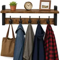 Luft Wandgarderobe mit Ablage - 10 Haken - Hängend - Garderobenständer - Kleidung - Kleiderbügel - Vintage - Wand - Industriell - Holz - Garde dressing gown - Schwarz -
