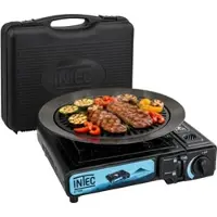 In.tec® Tragbarer Gaskocher 2200W + Grillplatte Barbecue Camping Piezo-Zündung Koffer