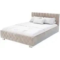 Juskys Polsterbett Nizza 140x200 cm mit Matratze - Bettgestell mit Lattenrost, Stauraum & LED Beleuchtung - Samtbezug, Chesterfield-Steppung - Beige