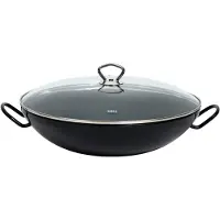 Riess Wok mit Glasdeckel Ø36cm Servierpfanne mit zwei Griffen Emaille schwarz