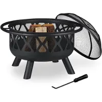Relaxdays Feuerschale mit Funkenschutz, Garten & Terrasse, mit Schürhaken, Outdoor Feuerstelle, Stahl, Ø 75 cm, schwarz